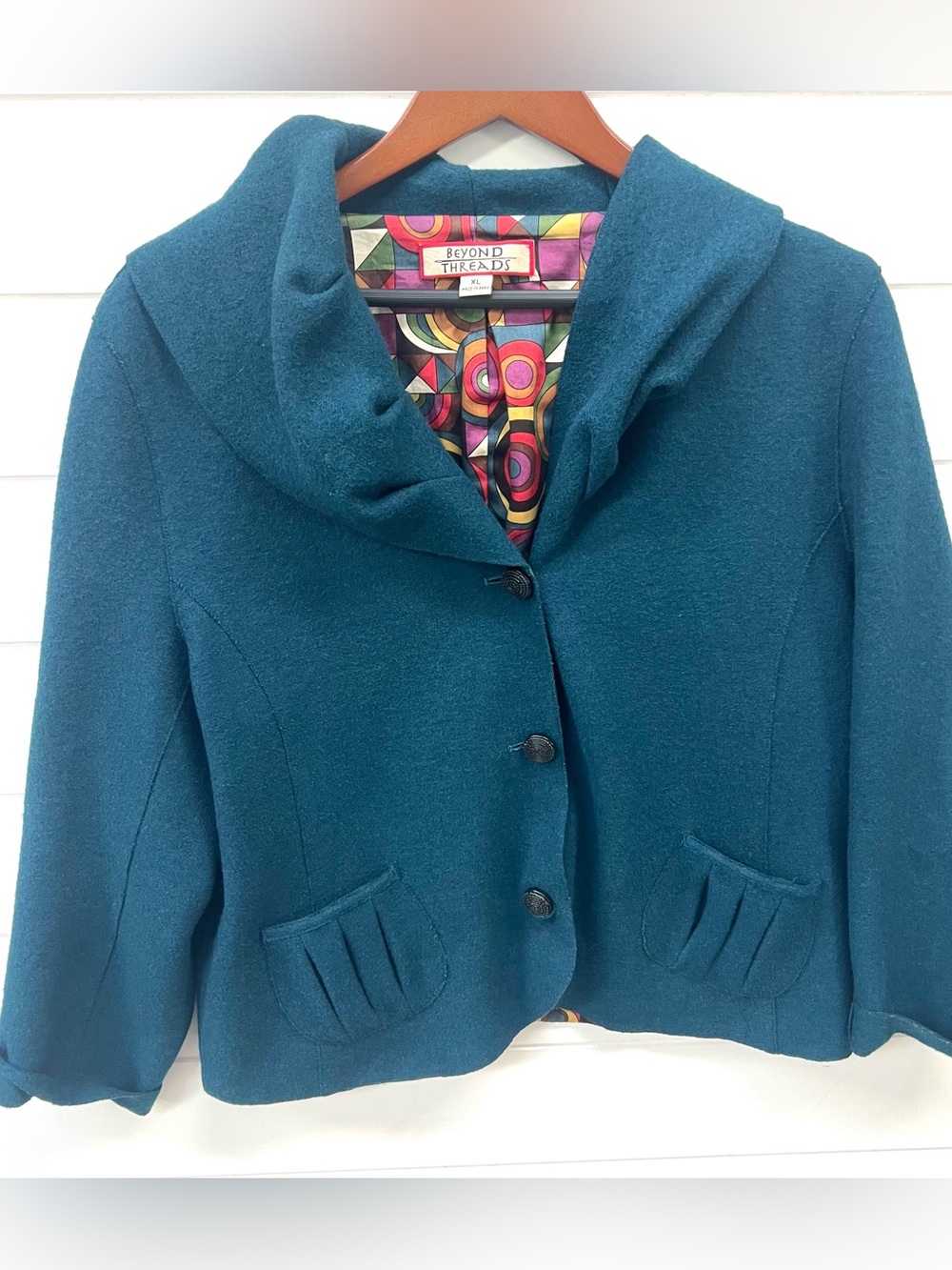 Beyond Threads Boiled Alpaca Wool Jacket XL Teal Boho Art to Wear Peru